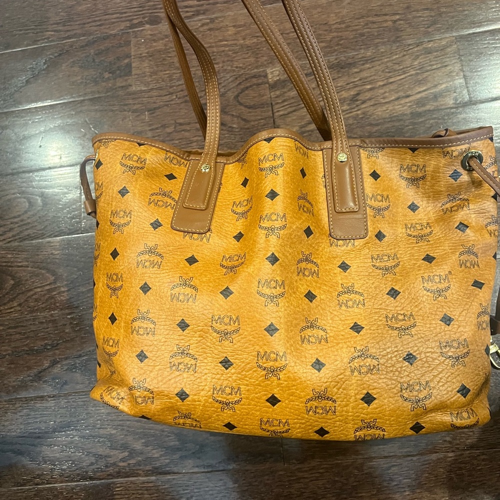 MCM Tan Monogram Tote Bag with Leather Trim